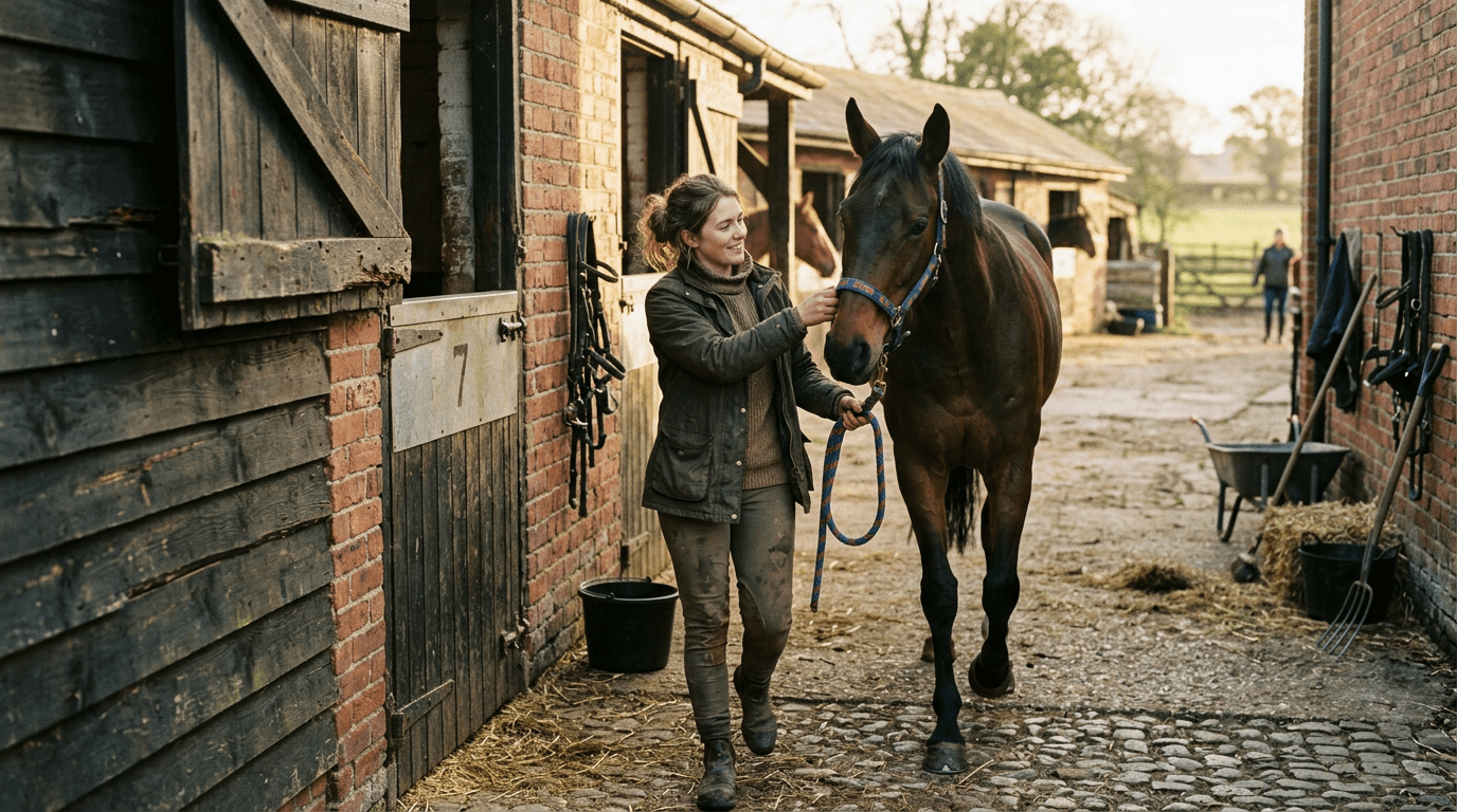 A groom leading a horse through a stable yard